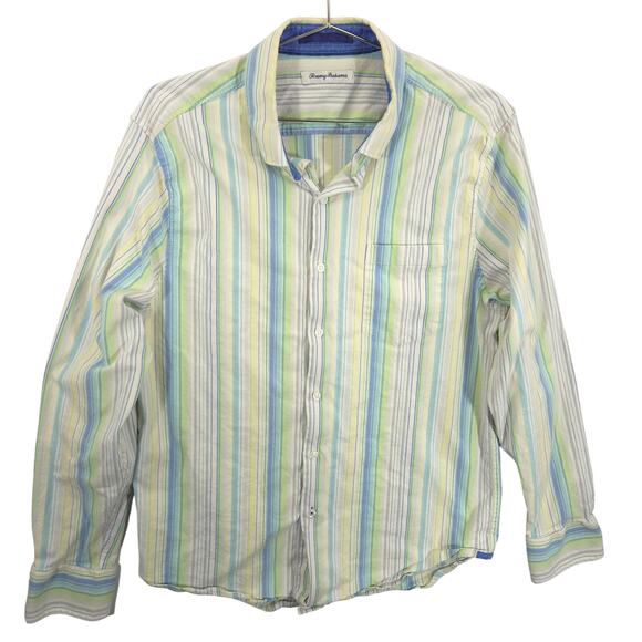 Tommy Bahama Shirt Mens Large Green Blue Striped Silk Blend Stretch Long Sleeve - Picture 1 of 8
